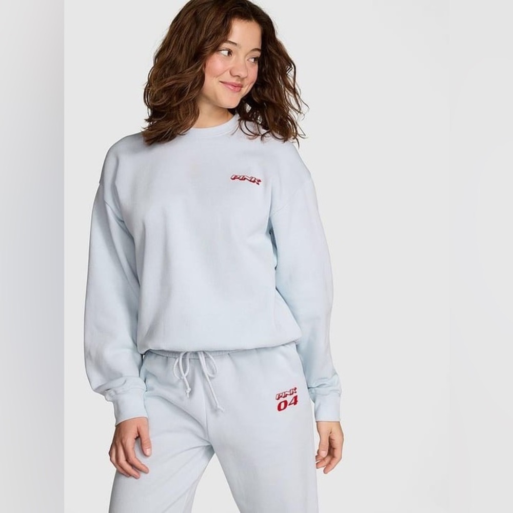 $70 NWOT Victoria's Secret PINK IVY FLEECE CLASSIC CREW SWEATSHIRT in blue S